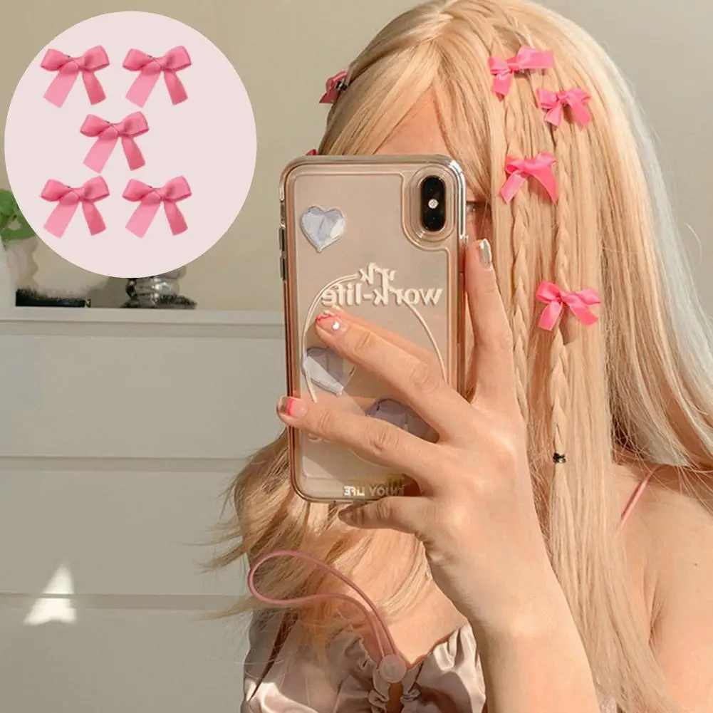 

5pcs Korean Sweet Pink Ribbon Bow Hairpin Girls Women Y2K Hair Barrette Mini Duckbill Clip Side Clip Headwear Hair Accessories