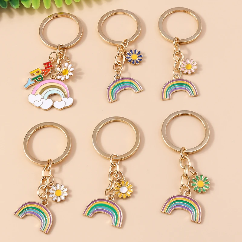 

Cute Colorful Rainbow Keychains Enamel Flower Charms Keyrings Souvenir Gifts for Women Men Handbag Pendants Key Chains DIY Gifts