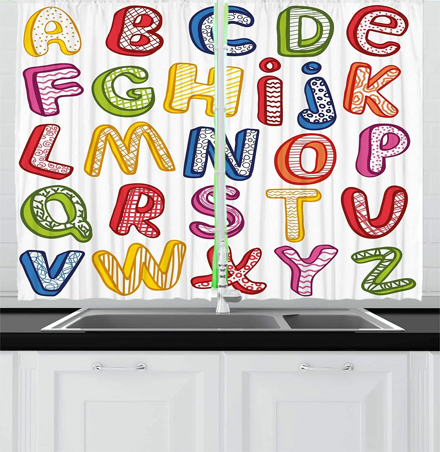 

Hand Drawn Colorful 3D Style ABC Letters with Kids Patterns Joyful Fun Design Window Drapes Blackout Curtains for Kitchen Cafe