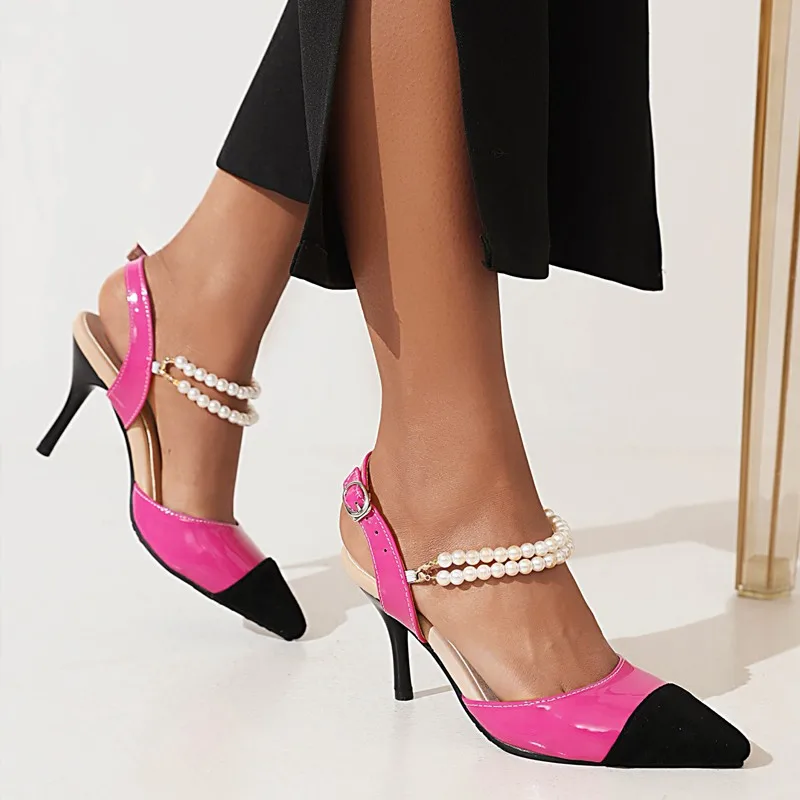 

Женские босоножки на высоком каблуке, с острым носком и жемчугом