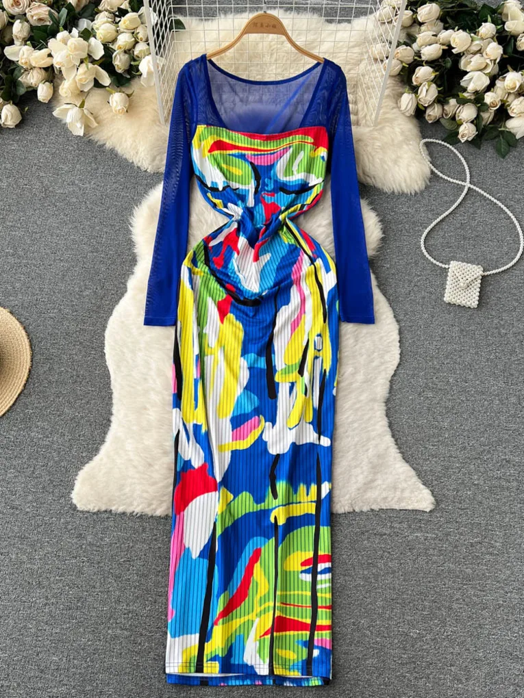 

Платье Foamlina женское с принтом, пикантное прозрачное Сетчатое облегающее Макси-платье с длинным рукавом и квадратным вырезом, Повседневная ...