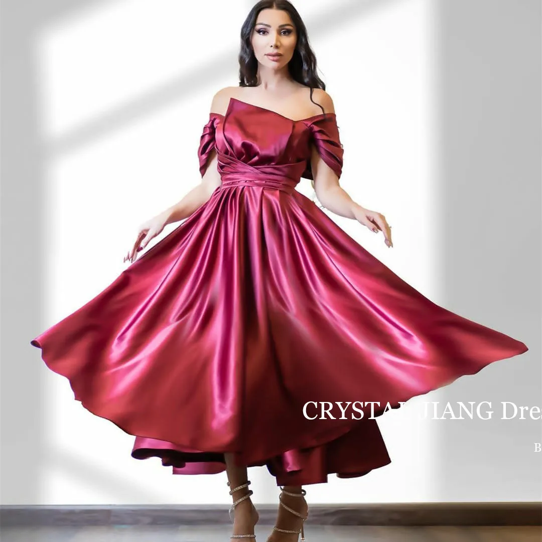 

Sexy Short Off the Shoulder Satin Evening Dress فساتين سهره فاخره 2023 A Line Tea Length Dresses for Special Events