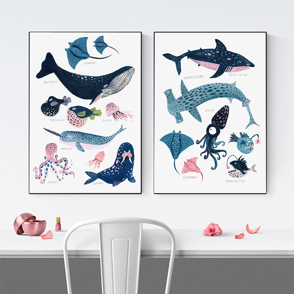 

Симпатичная Морская жизнь Кита Акула Осьминог детская настенная Картина на холсте скандинавские плакаты и принты настенные картины декор ...