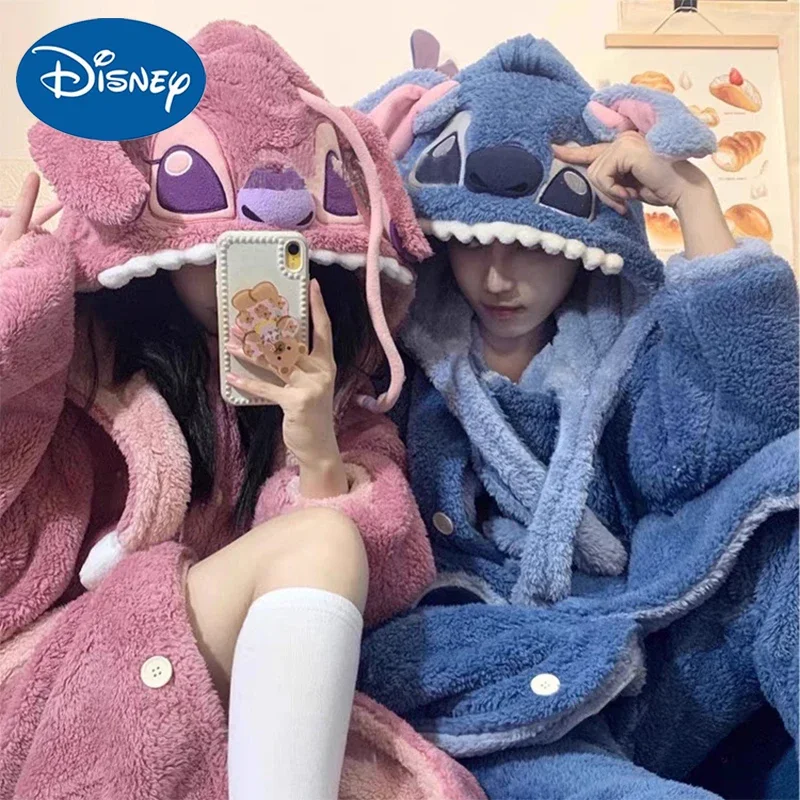 Пижамный комплект с капюшоном Disney Stitch Angel Y2k для пары Kawaii коралловый флис домашний