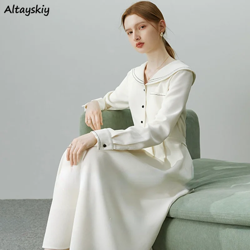 

Long Sleeve Midi Dress for Women Bandage Sailor Collar Spring Design A-line Korean Style Vestidos Fashion Popular Students Chic