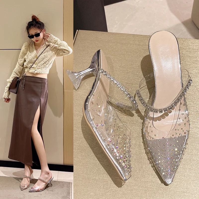 

Women Slippers Sexy High Heels Mules Rhinestone Bling Slides PVC Transparent Sandals Thin Heel Silver Summer Party Dress Shoes