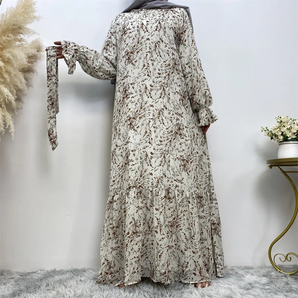 Spring 2023 New Luscious Muslim Print Bell Sleeves Lined with Stylish Chiffon Dress Abayas for Women Muslim Dress