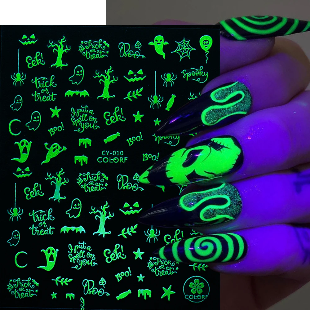 Наклейки на Хэллоуин декор для ногтей призрак тыква пауки 3D светящиеся Слайдеры