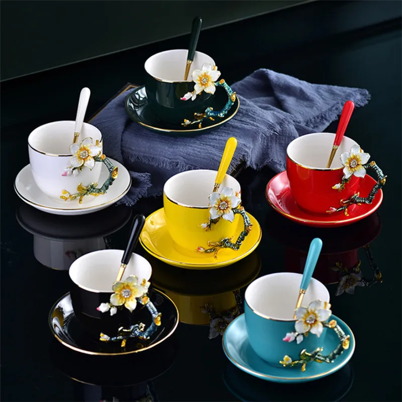 

European Style Ceramic Handmade Enamel Painted 3D Flower Coffee Cup with Saucer Set Office Afternoon Teacup Porcelain Milk Mug
