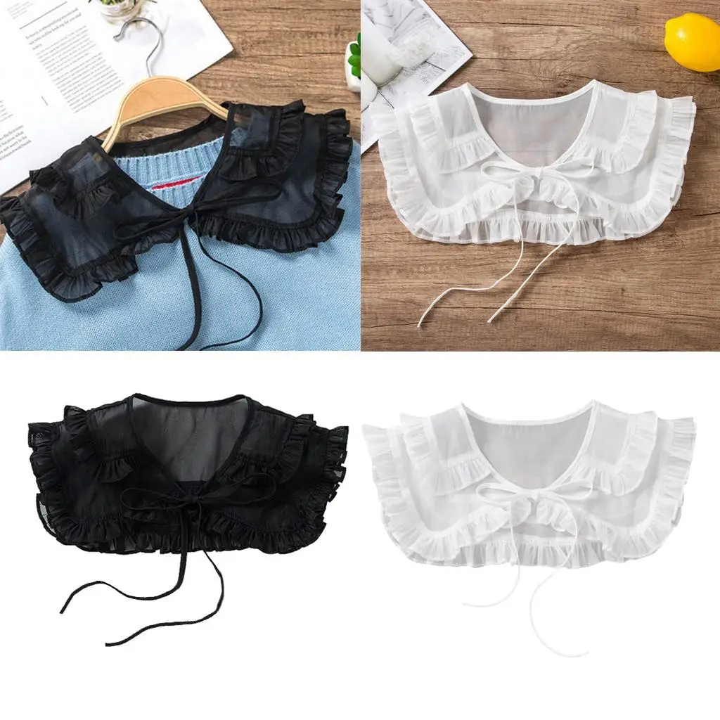 

Women Girls Lace Up Bowtie Fake Collar Chiffon Blouse Shawl Cover DIY