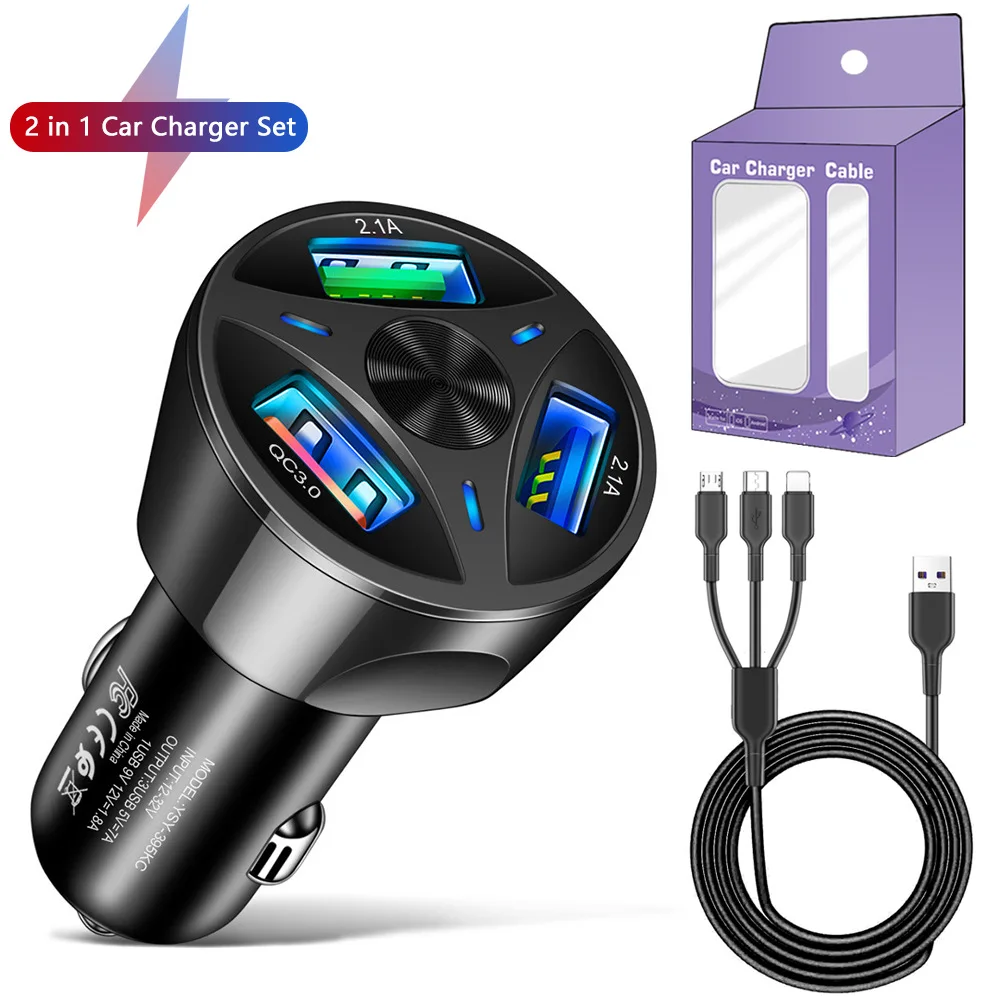 

Set 35W 7A QC3.0 3USB Car Charger Fast One Tow Three Qc3.0 + 1.2 M Super Data Cable