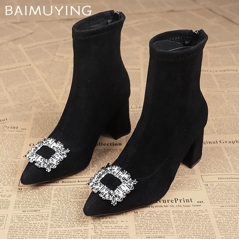 Замшевые женские ботильоны с кристаллами пикантные туфли на высоком каблуке