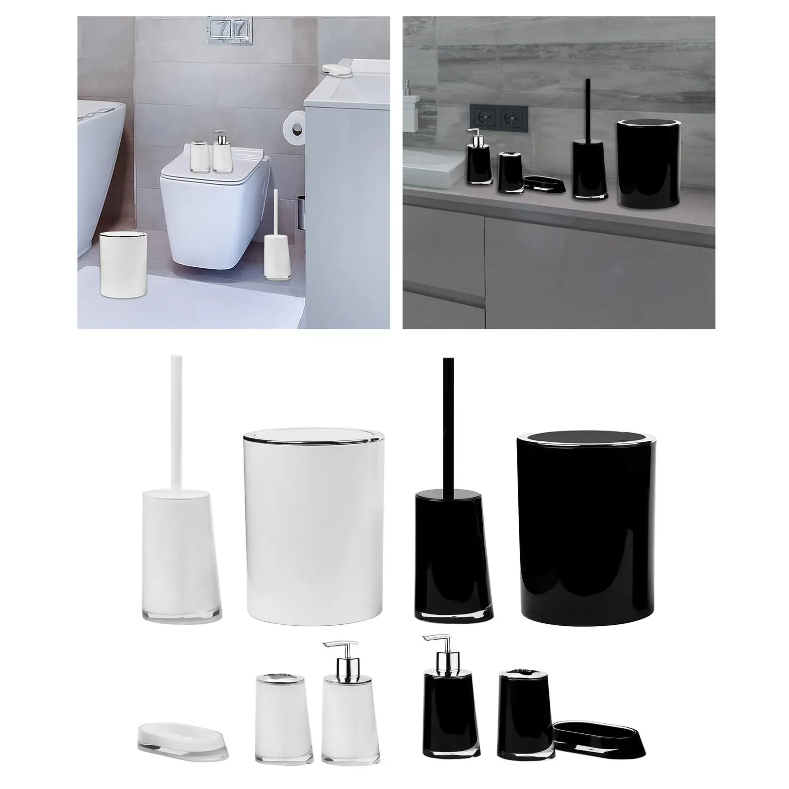 Modern Bathroom Accessories Set Waste Bin Soap Dispenser Soap Dish Toilet Brush with Holder Stylish Bathset 5x for Hotels Home images - 6