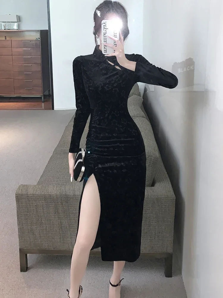 2024 черное бархатное жаккардовое длинное платье с цветочным рисунком женское