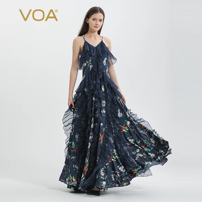 

VOA Stretch Twill Mulberry Silk Navy Blue and White Bird Pattern Dresses Women V-neck Strap-paneled Georgette Silk Dress AE1561