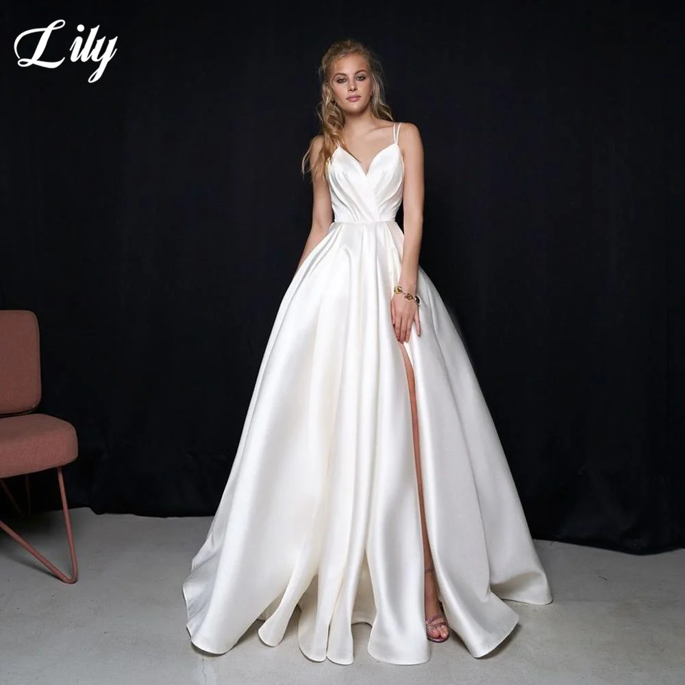 

Elegant Satin Wedding Dress For Women Sexy Spaghetti Straps Ruched Pleats A- Line Simple Bridal Gown Vestido De Noiva Customize