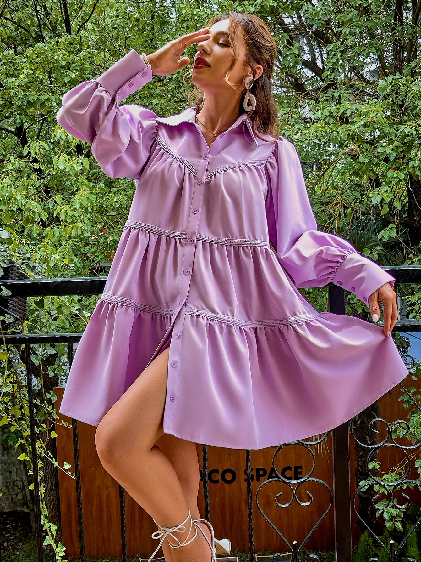 

Simplee Elegant puff sleeve smock mini dress women Casual ruffle button loose shirt dresses Purple lapel office vestido 2022 new