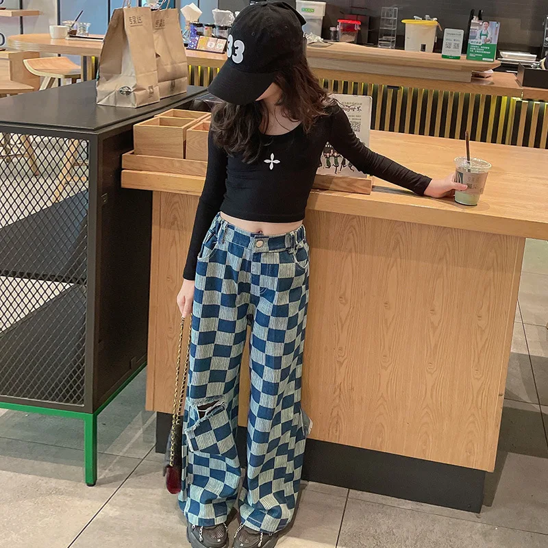 

10 12 years Girls Ripped Jeans Fashion Checkered Wide-leg Pants 2022 New Fall Teen Girls Outfits trousers