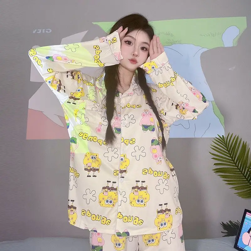 

Kawaii Губка Боб пижамные комплекты весна осень хлопок мультфильм пижамы Симпатичные пижамы для женщин аниме домашняя одежда