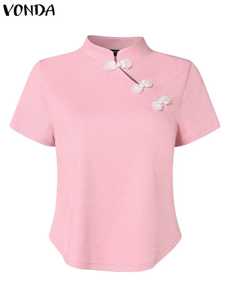 Новый китайский стиль модные женские рубашки VONDA 2024 Повседневная однотонная