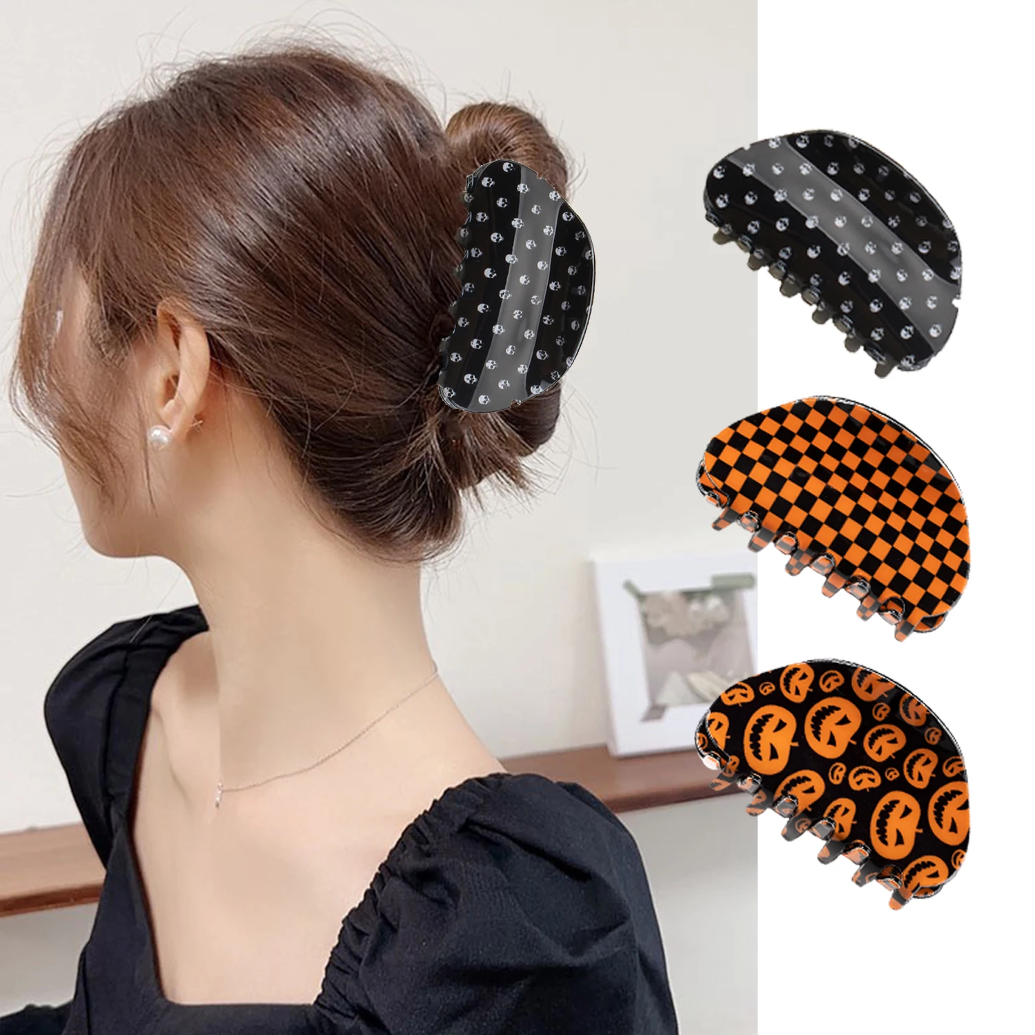 

Geometric Oval Pumpkin Printed Hair Claw Shark Clip Bath Makeup Hair Claw Ponytail Holder Terror Halloween Hair Accessories