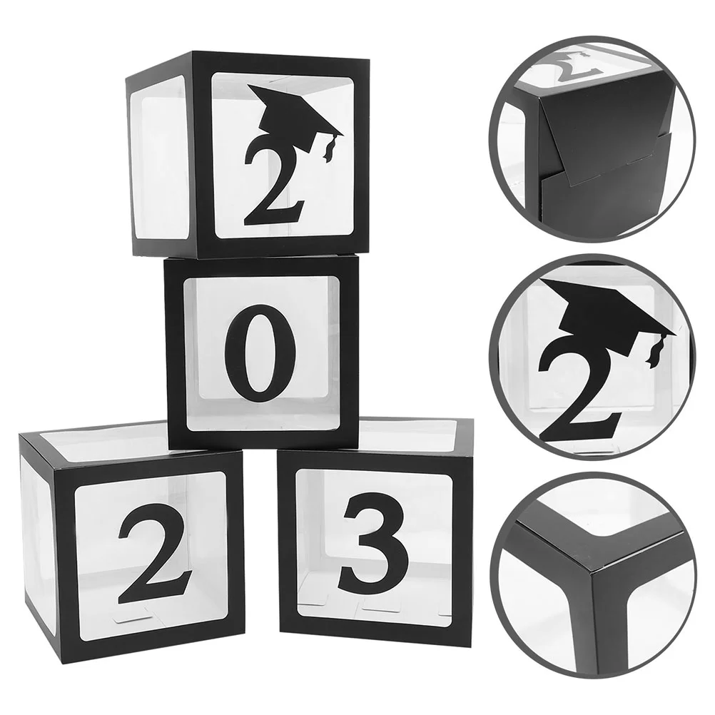

4 Pcs Graduation Balloon Box Decoration Transparent Balloons Screen Boxes Props Ornamental Cases Display Paper Black Letter