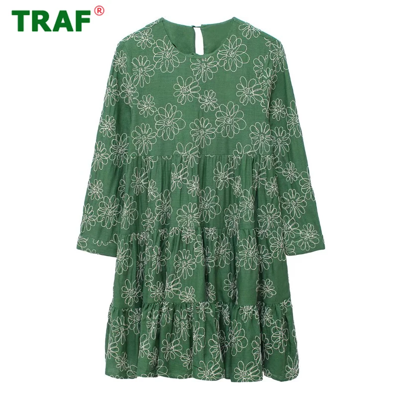 

TRAF Green Embroidery Dress Woman Pleated Short Dress Women Loose Casual Summer Woman Dresses Long Sleeve Short Female Dress
