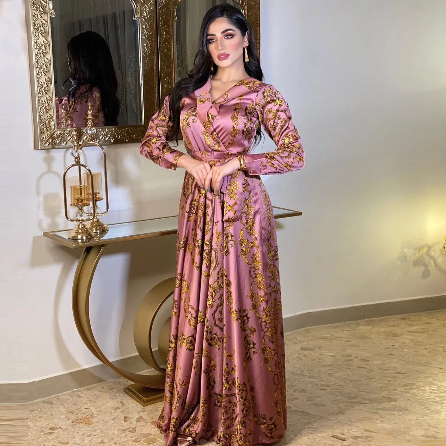 Robe Femme Musulmane Fashion Satin Printed Dress Spring Autumn Middle East Dubai Abaya Turkey Muslim Evening Dresses