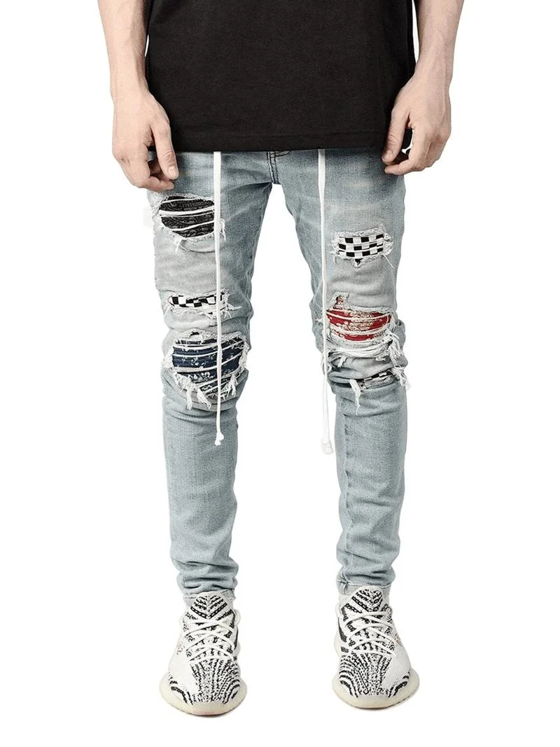 

Skinny Men Streetwear Destroyed Ripped Jeans Homme Hip Hop Male Pencil Pants Embroidery Patch Fashion Denim