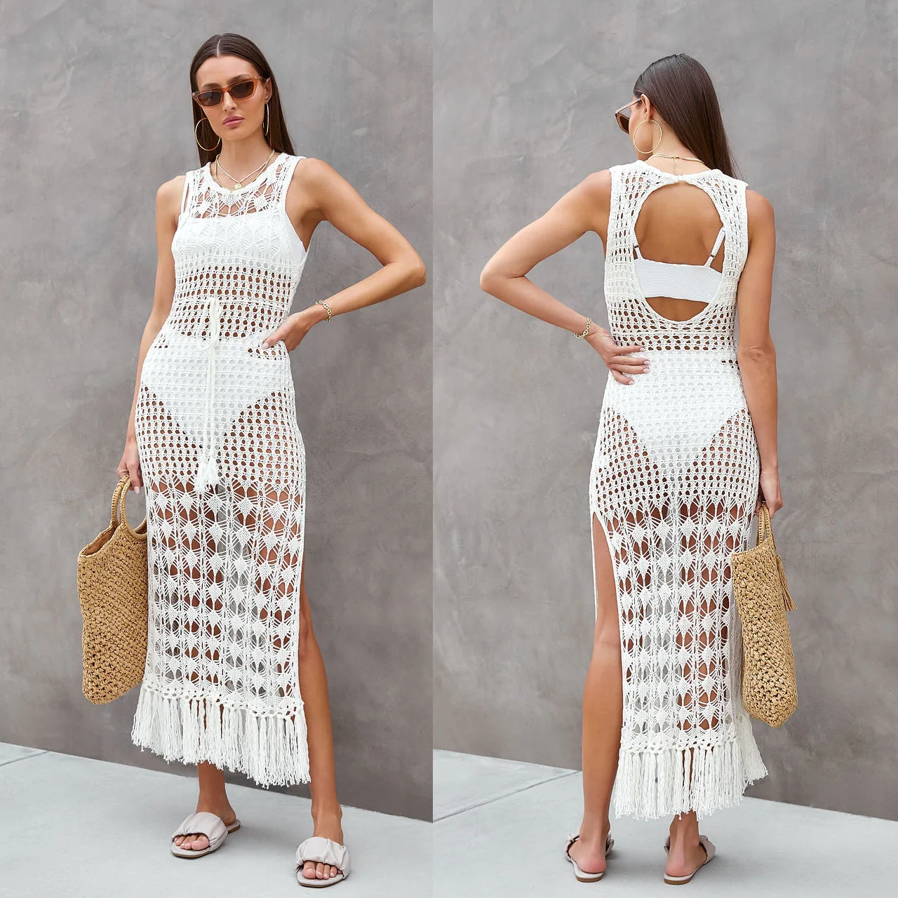 

Slit Backless Tassel Crochet Vacation Long Dress Vacation Style See-through Sexy Vestidos Swimsuit Bikini Beach Blouse Cover-ups