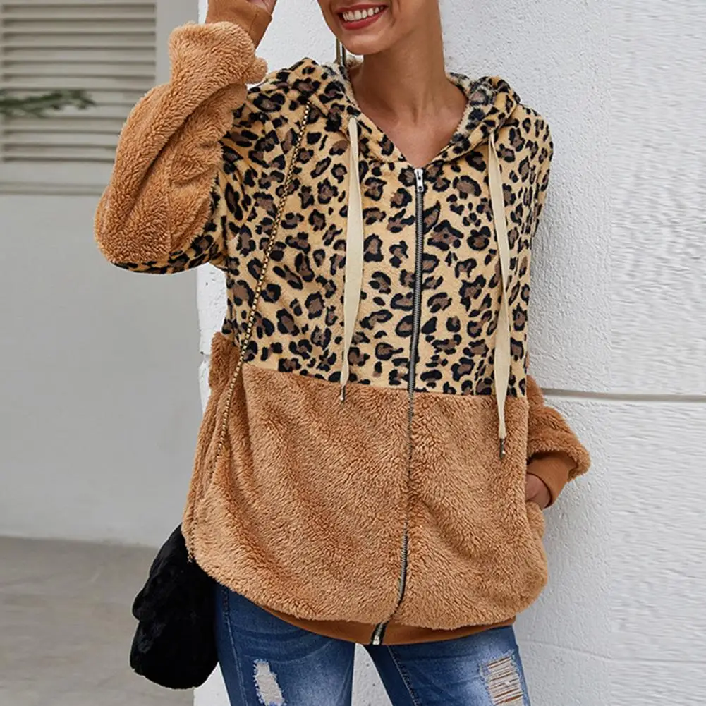 

Women Winter Hoodie Long Sleeve Warm Loose Leopard Print Lady Coat Lady Coat for Home