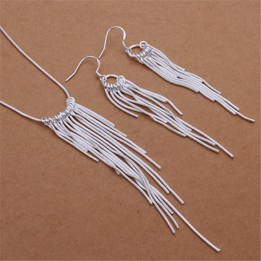 

Fine 925 sterling Silver Jewelry sets for women 18 inches Tassel lines necklace earrings Fashion Party wedding Christmas Gifts