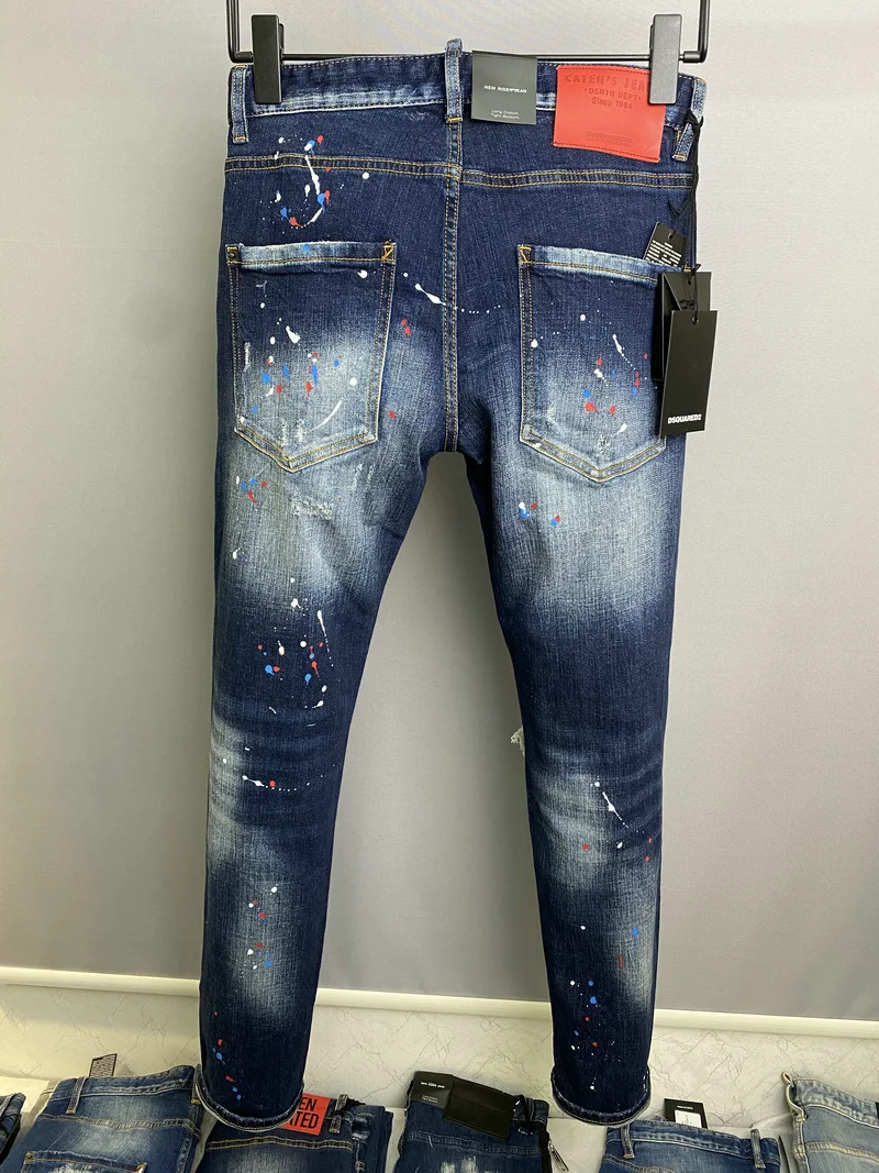New DSQUARED2 Men's/Women Fashion Slim-Fit Ripped Patch Jeans, Paint Ripped Ink Micro-Elastic Blue Pants 9822