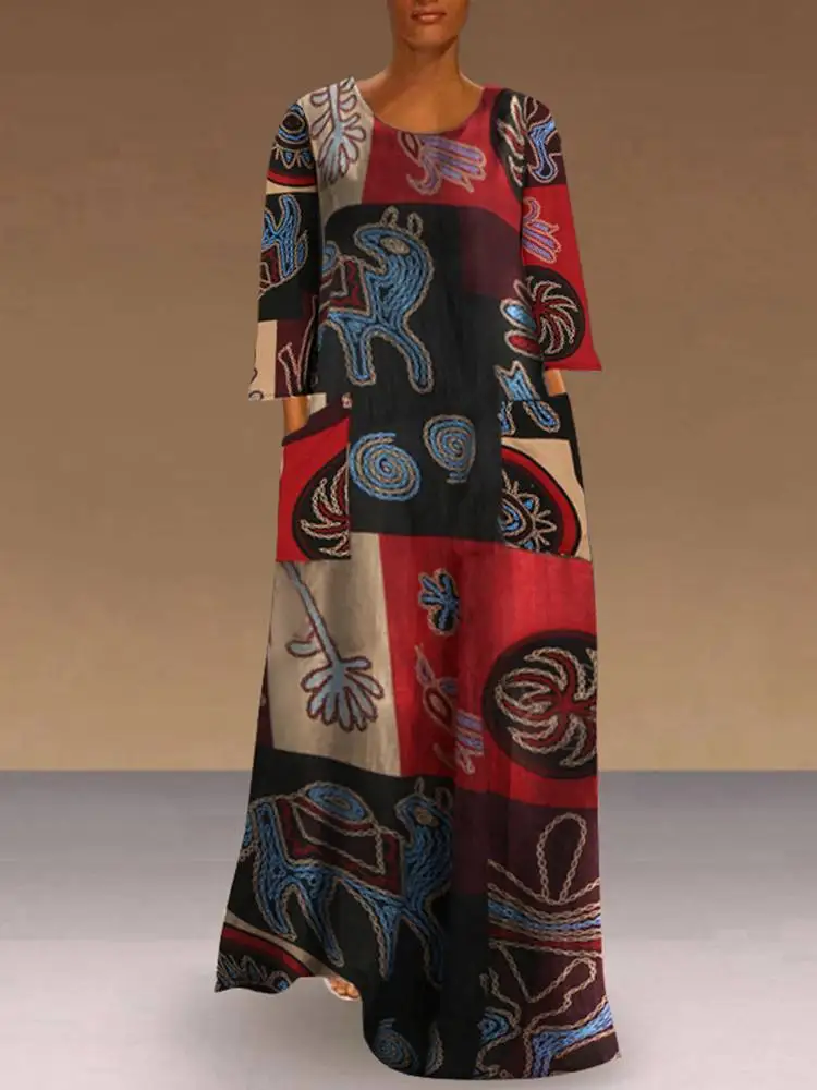 

Женское летнее платье с принтом VONDA 2022, повседневные Макси-платья с круглым вырезом и длинным рукавом, богемные платья большого размера, вин...