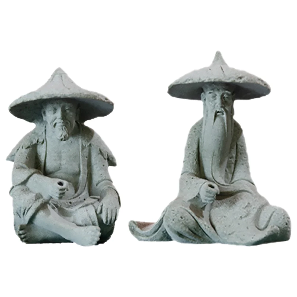 

2pcs Miniature Statues Resin Fisherman Figurine Potted Landscape Ornament Rockery Decor