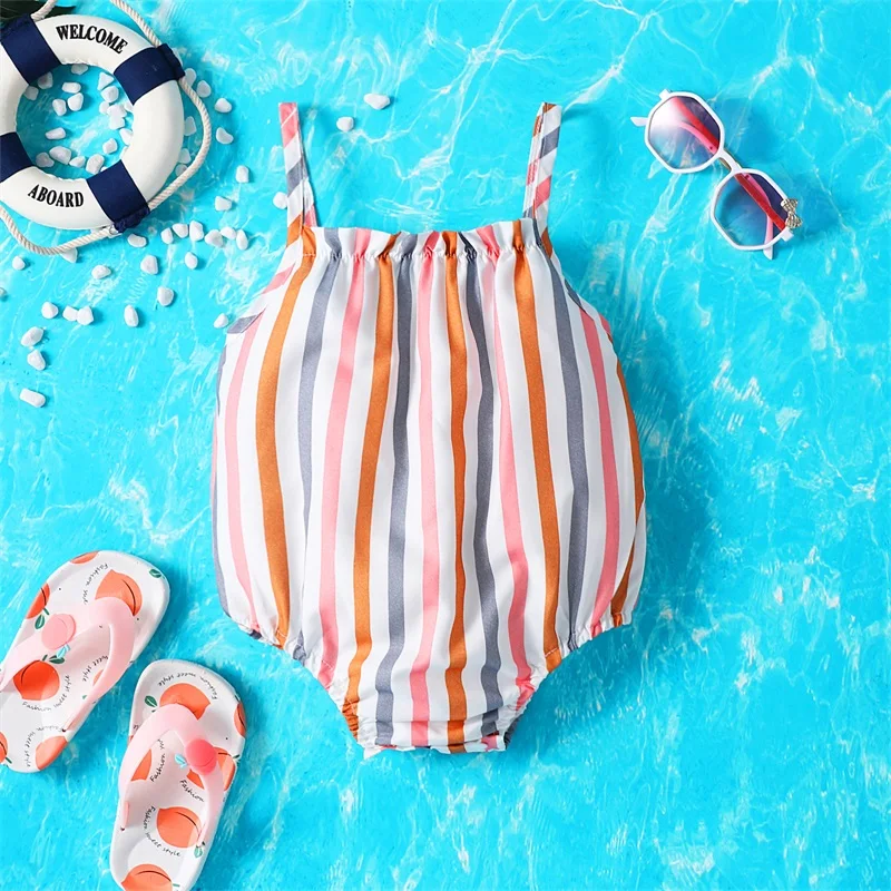 

Милое боди для маленьких девочек, повседневное боди на бретельках с открытой спиной, Цветной полосатый комбинезон, Одежда для новорожденных детей