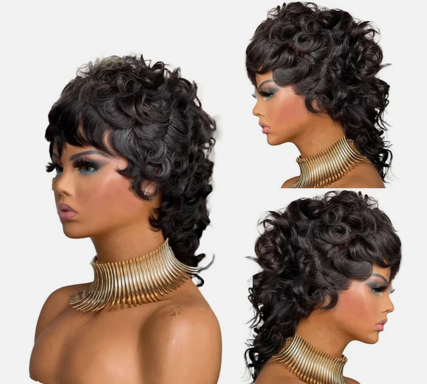 Черные короткие вьющиеся волнистые парики с челкой бразильские волосы вьющийся