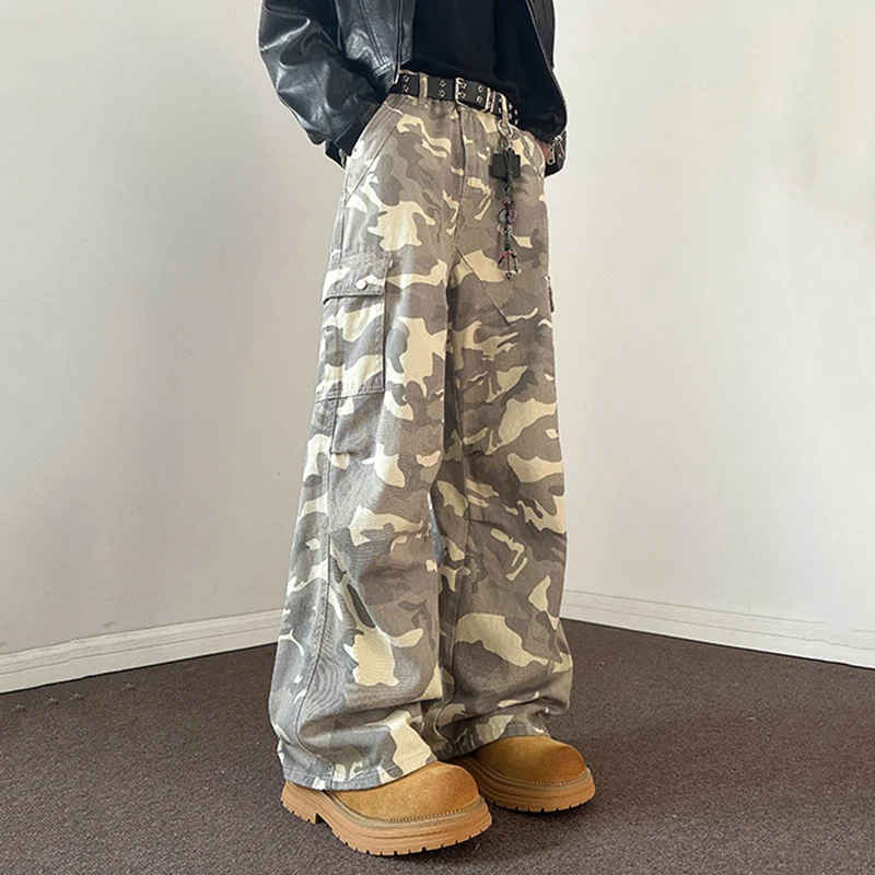 FEWQ мужские камуфляжные рабочие брюки 2024 контрастные цвета корейские модные