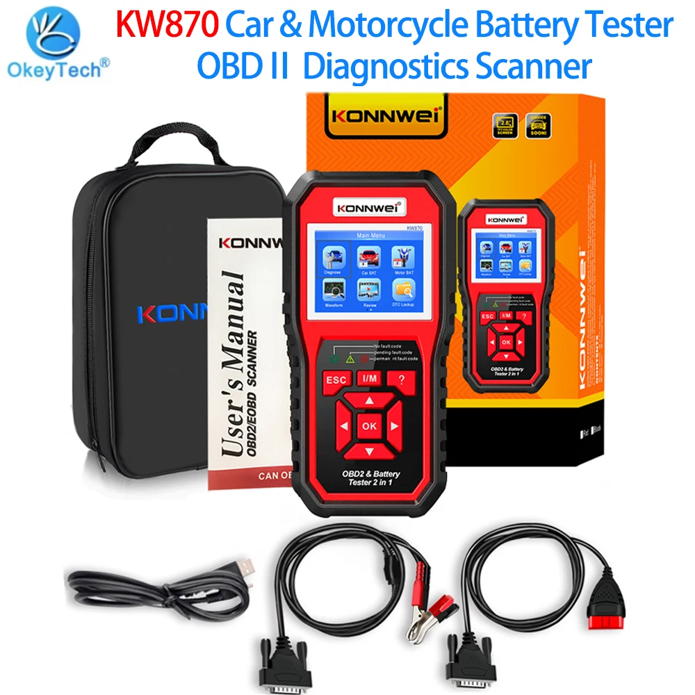 KONNWEI KW870 Car & Motorcycle Battery Tester OBDⅡ Diagnostics Scanner Can Print/Read/Erase Codes 6-12V Cranking/Charging Test