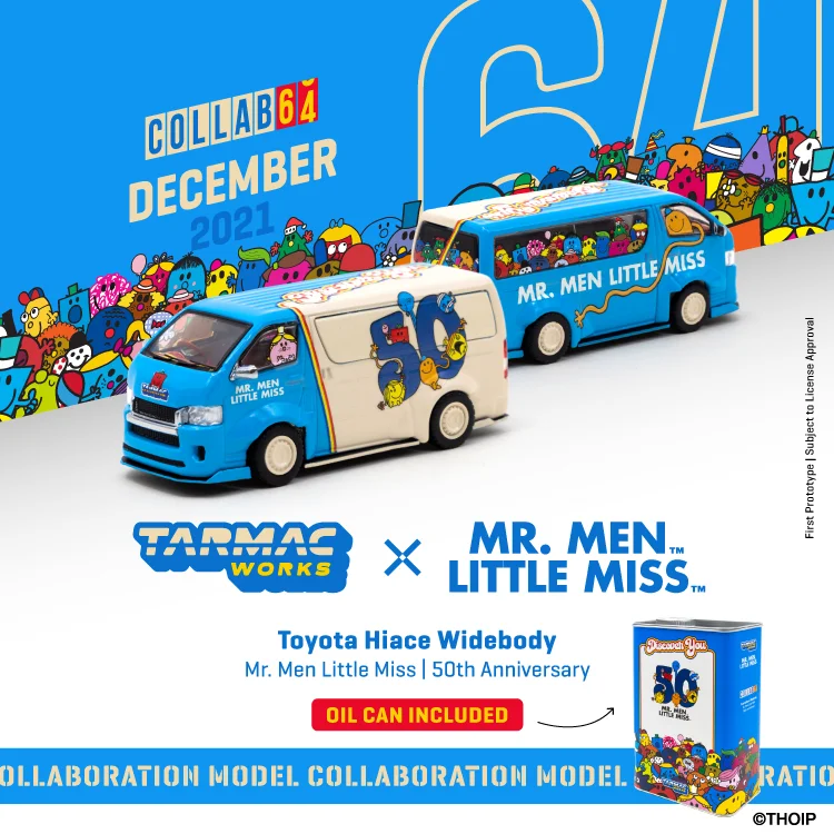 

Tarmac Works 1:64 Toyota Hiace Widebody Mr. Men Little Miss 50th w/Metal Oil Can Diecast Model Car