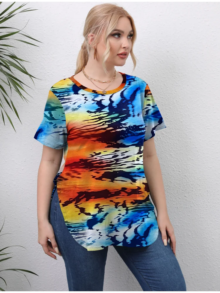 Women's clothing, non positioning printed T-shirt, split short sleeved casual round neck pullover top plus size blouse