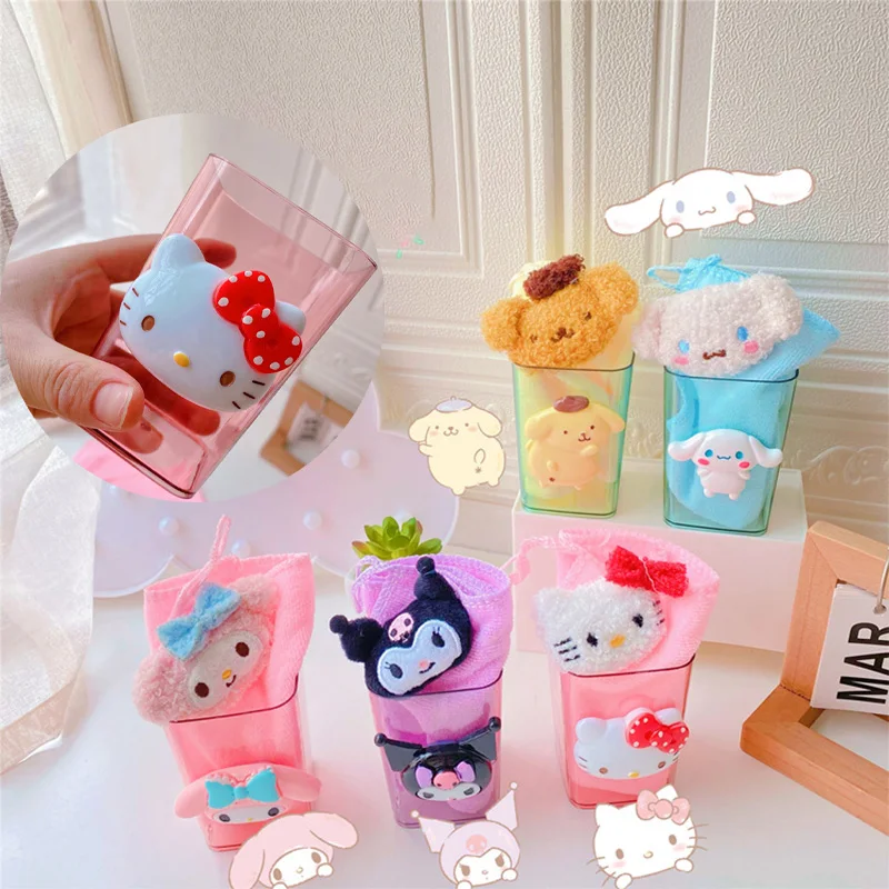 

Kawaii Sanrioed Cinnamoroll MyMelody Kuromi Kitty Cartoon Mouthwash Cup Towel Two-piece Set Travel Portable Toothbrush Cup Gift