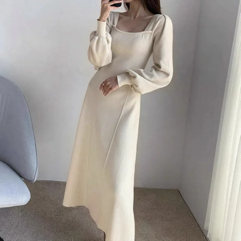 

Autumn Winter New Women Long-sleeved Square-neck Dress Fashion Slim Straight Through High Waist Bottoming Knitted Long Skirt