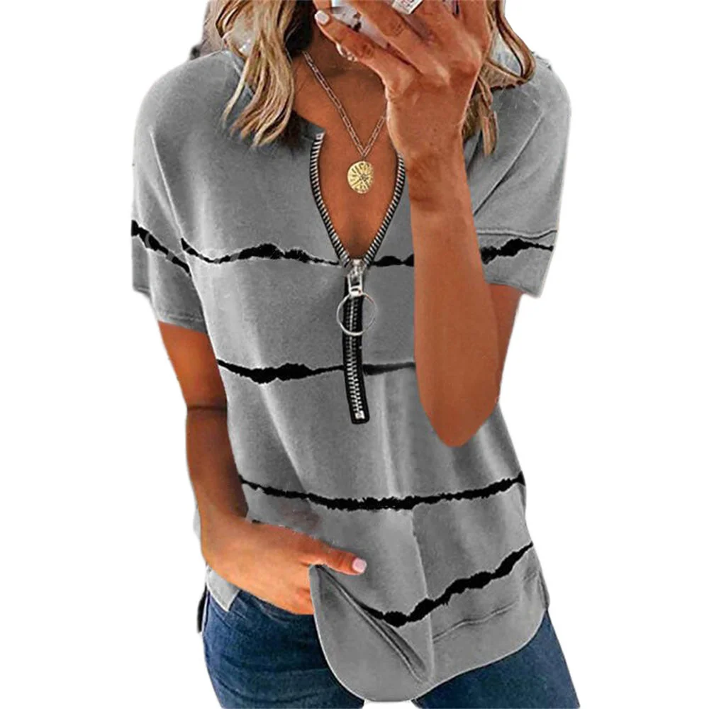 

Ladies Oversized Stripe Print Short Sleeve Zipper V-Neck T-Shirt Top 2022 Summer New Womens Clothing Casual Loose Pullover Tunic