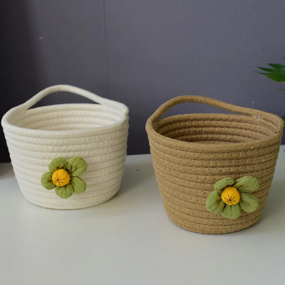 Cotton Flower Round Basket Living Room Woven Baby Shower Bedroom Storage Bakset with Handle for Children Corner Plant Basket