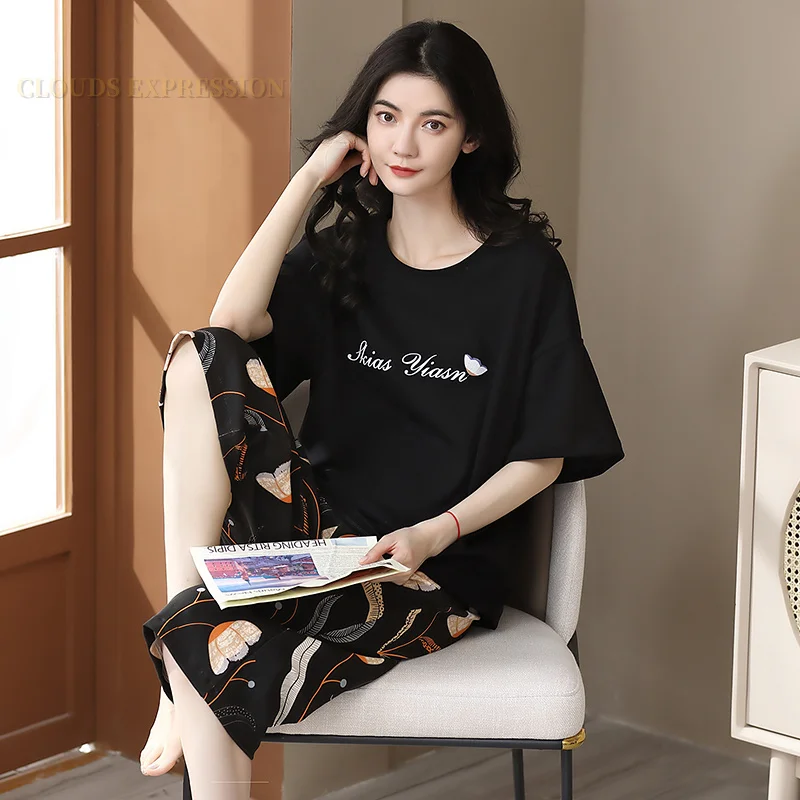 Summer  Elegant Women Floral Pajama Sets Short Sets Capris Knitted Cotton Sexy Black Sleepwear FemalePajamas Lounge Pijama Mujer