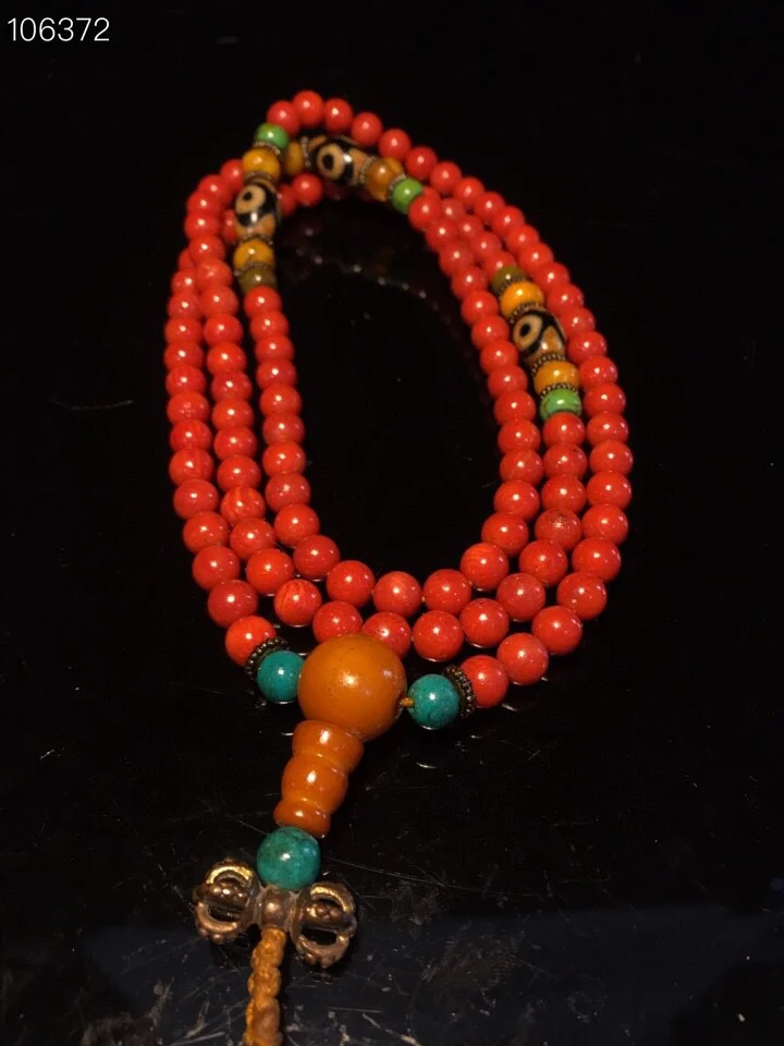 

Tibetan Temple Collection natural turquoise Red Coral 108 beads necklace Rosary Buddhist utensils Town house Exorcism