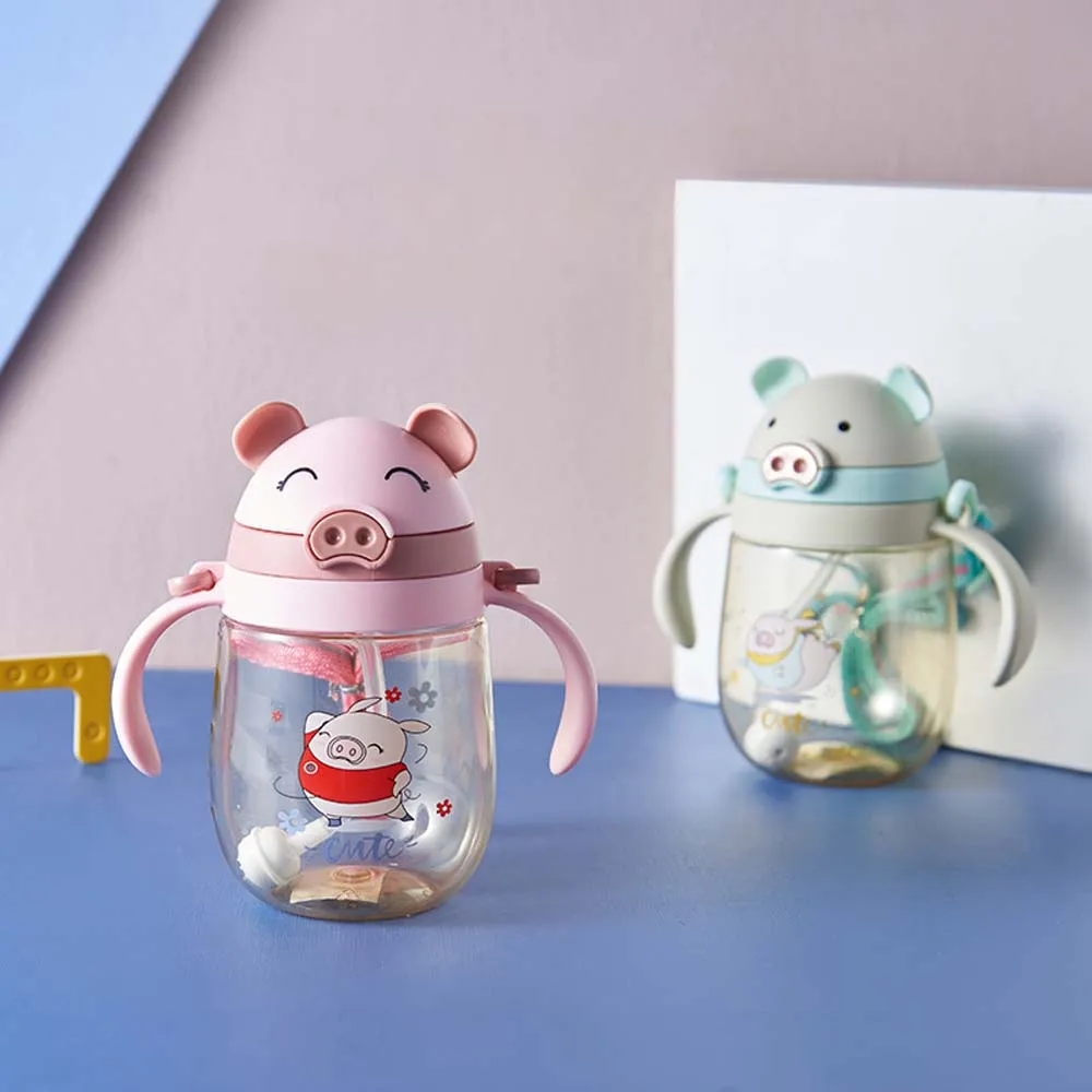 

Animal Cartoon Strap Kids With Straw Handle Water Bottle Graduated Sippy Cup Baby Learning Cups Children Training Cup