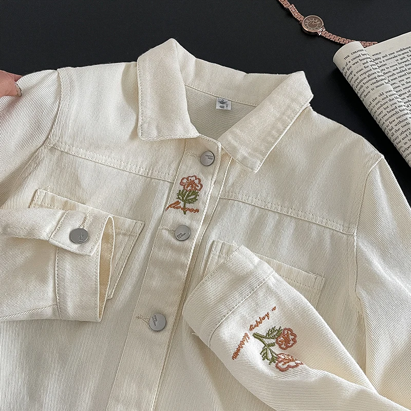 Женская джинсовая куртка с цветочным принтом длинным рукавом