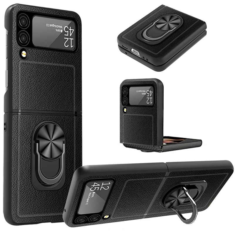 Z Flip 3 Funda Case for Samsung Galaxy Z Flip 3 Hinge Metel Ring Surpport Lychee Pattern Protetcion Phone Case Cover ZFlip3